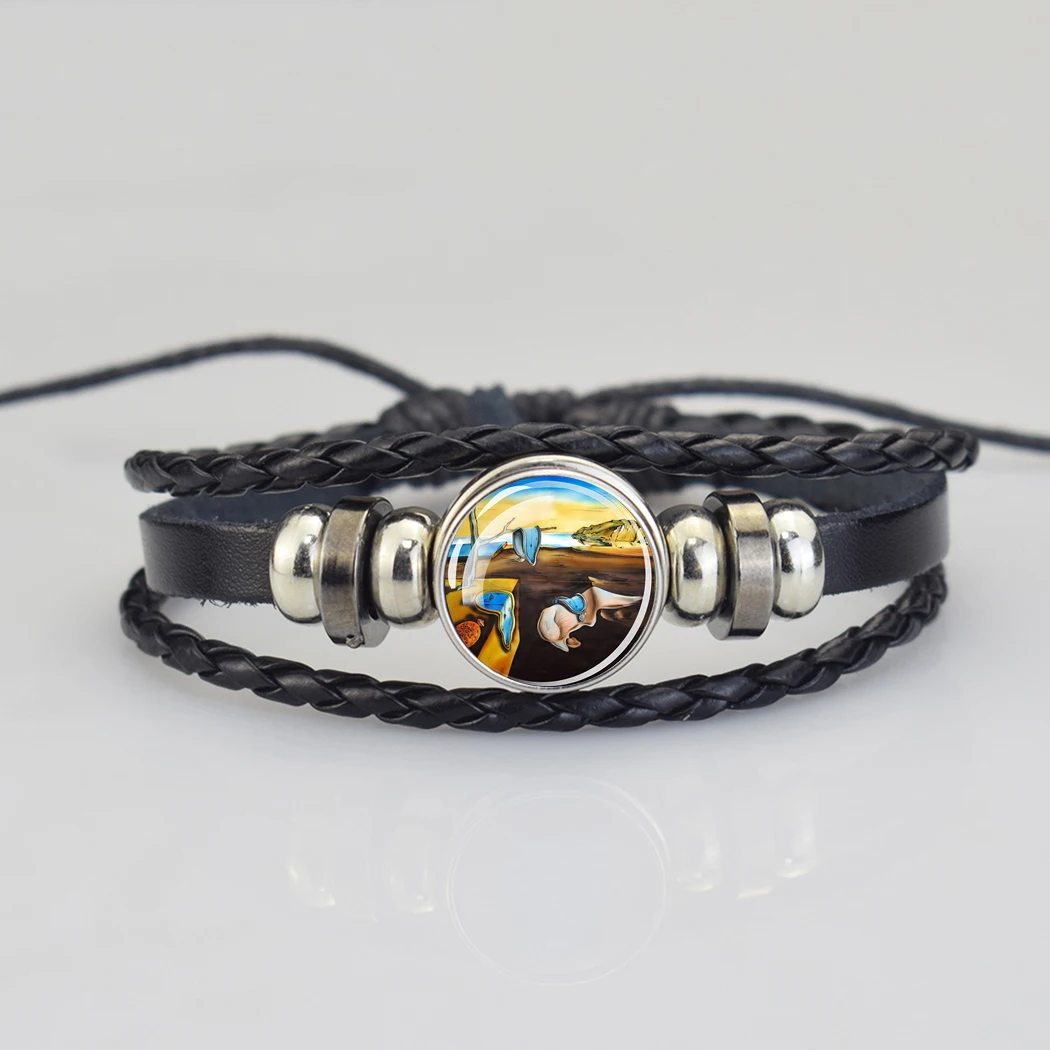 Salvador Dalí The Persistence of Memory Art Painting Braided Leather Bracelet Men Women Fashion Button Bracelet