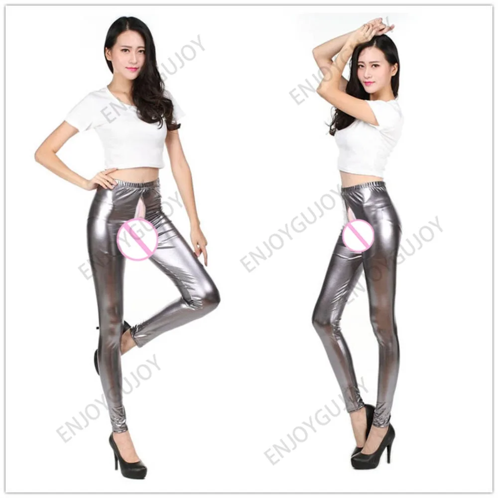 Pantalones invisibles de entrepierna abierta para mujer, pantalones brillantes de piel sintética, Leggings sexys de PU para Yoga, medias casuales deportivas, pantalones calientes para Club de baile