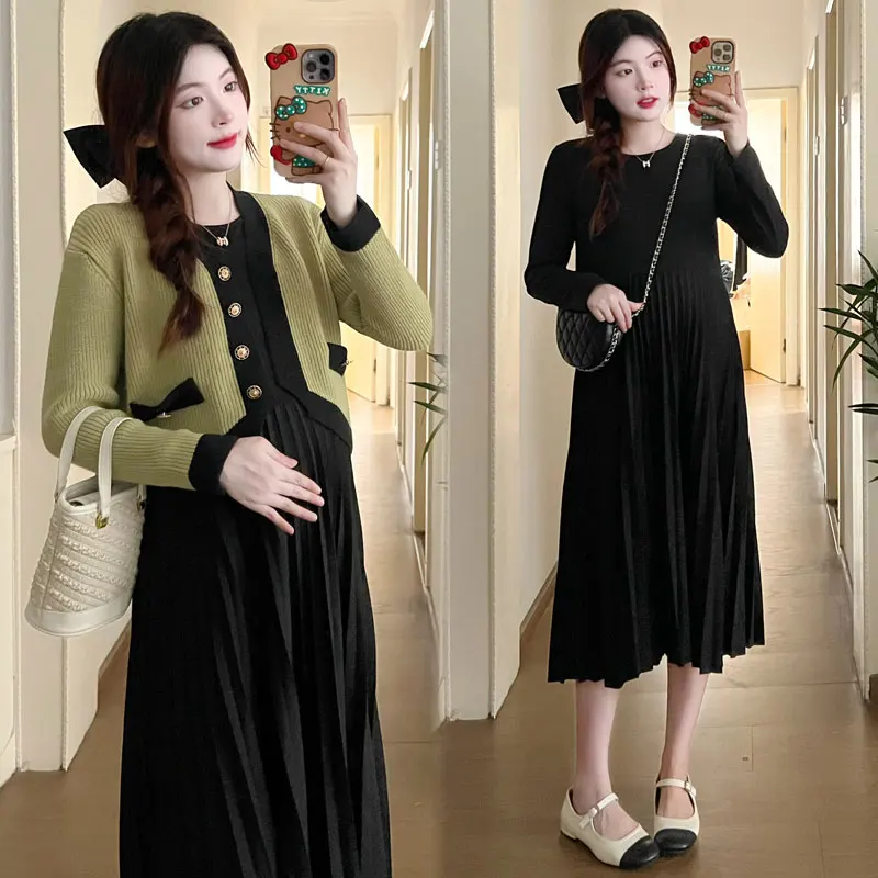 Winter Korean Style Pregnancy Knitted Cardigan+Slimming Pleated Nursing Dress Two Pieces Set Maternity Breastfeeding Clothes Set