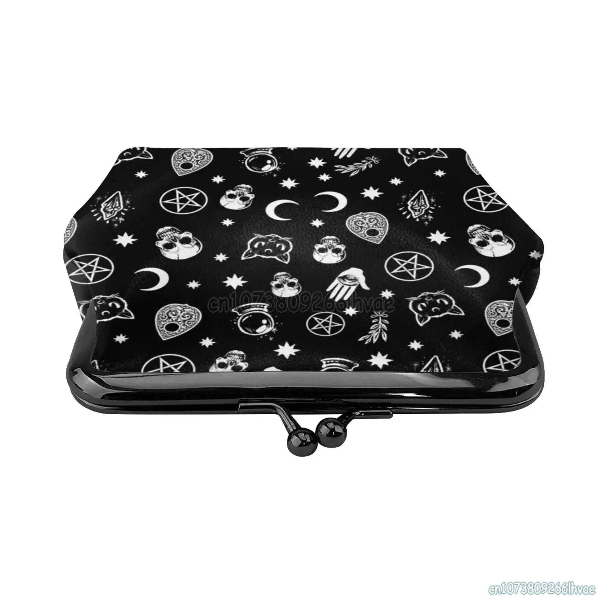 Gothic Skull Cat Moon Leather Coin Purse Small Kiss-Lock Change Pouch Clasp Closure Buckle Wallet For Women Girls