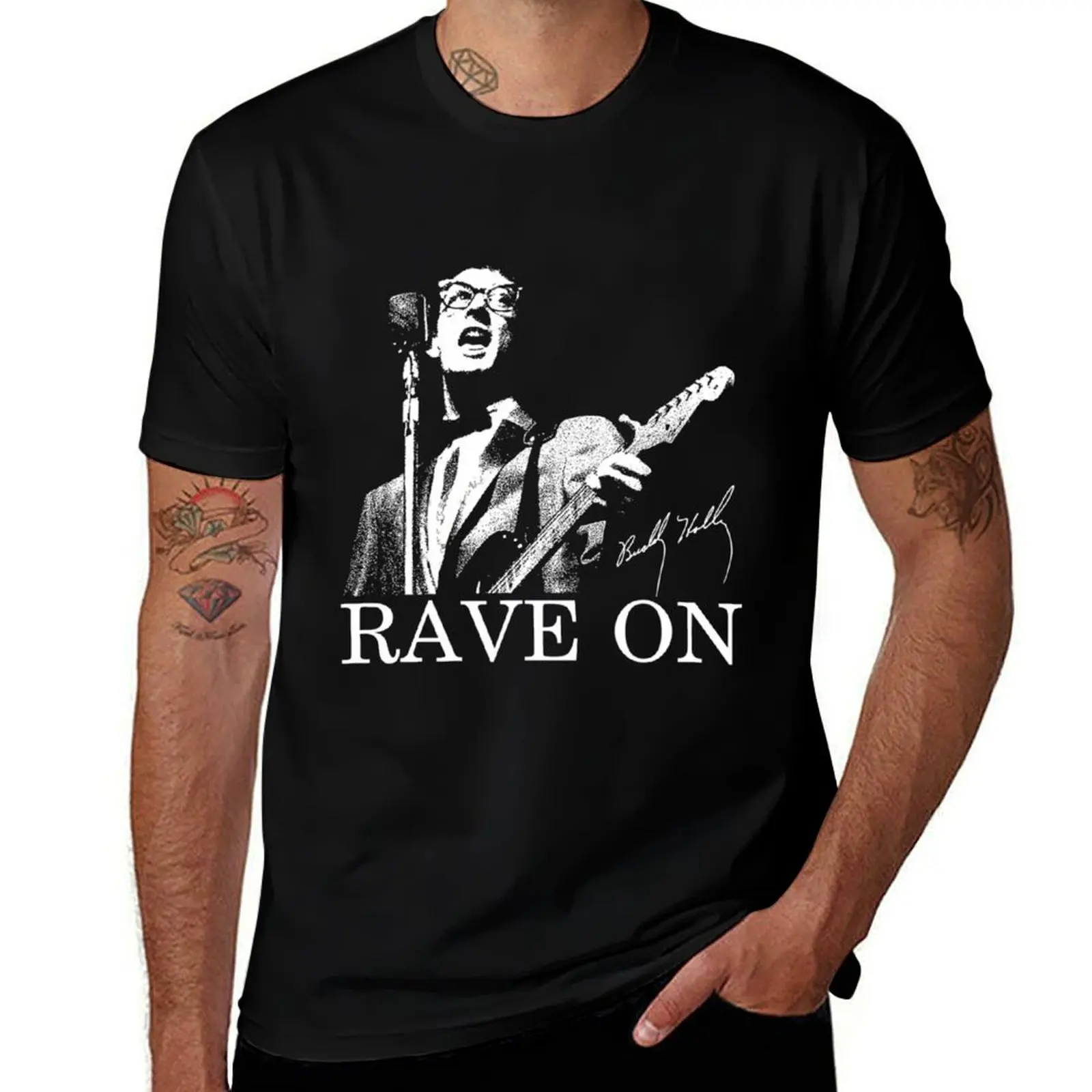 Buddy Singer Guitarist Rave On Holly Holly Signature S T-Shirt cotton t shirt man T-Shirt