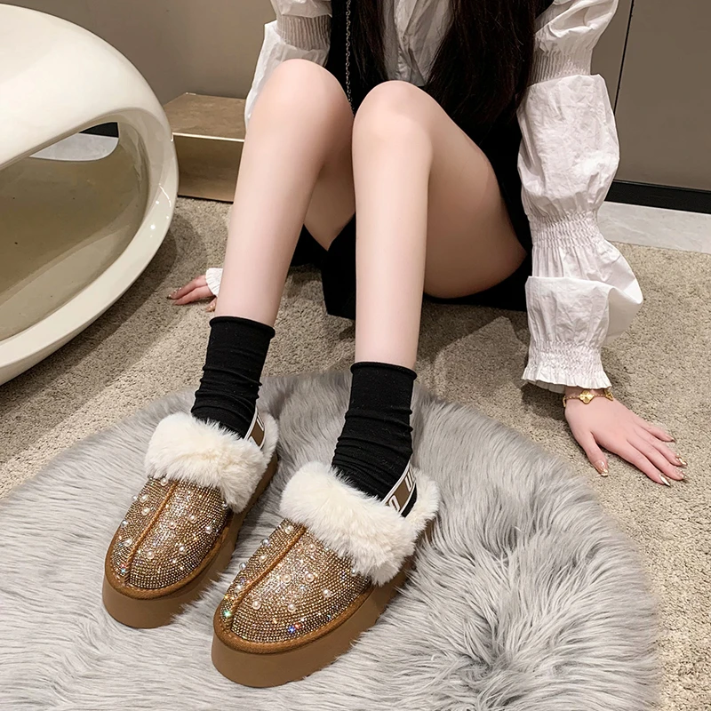 Women's Slippers Winter New Versatile Baotou Plush Thick Sole Increased Rhinestone Sequins Round Toe Fashion Slippers for Women