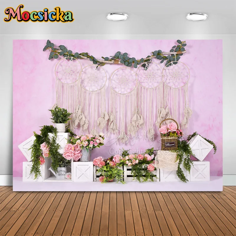 

Mocsicka Photography Backdrop Boho Floral Pink Wall Decor Background Cake Smash Girl Birthday Party Kids Photo Booth Banner