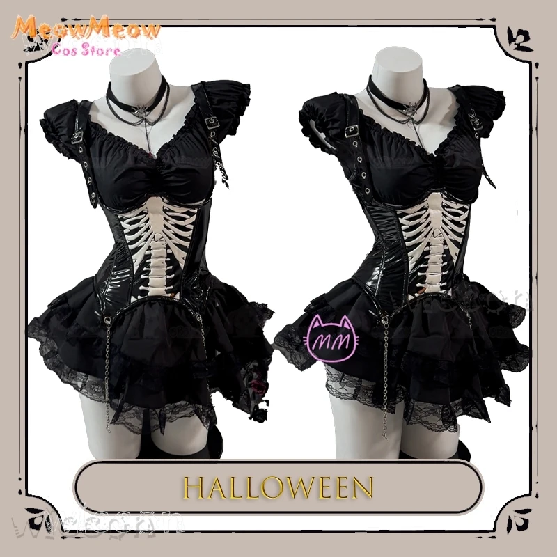 Halloween Gothic Schädel Kurzes Kleid Cosplay Lolita Punk Steampuff Schwarz Korsett Outfit Jirai Kei Erwachsene Anime Cosplay Outfits