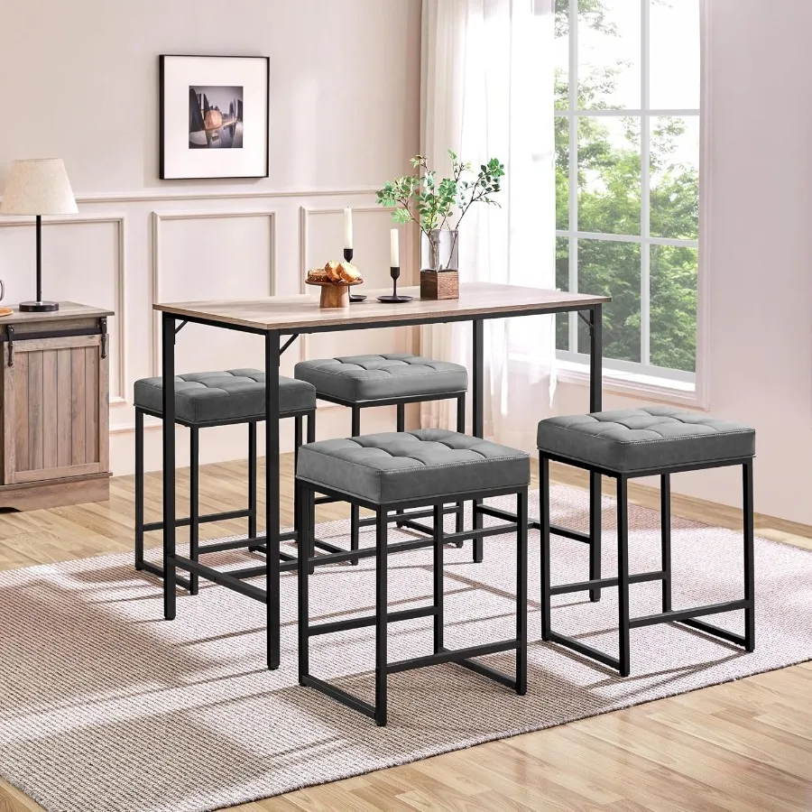 24-Inch Backless Barstools Set of 4 for Kitchen Counter Use, Metal Frame with Gray Fabric Upholstery, Stackable and Space-Savin