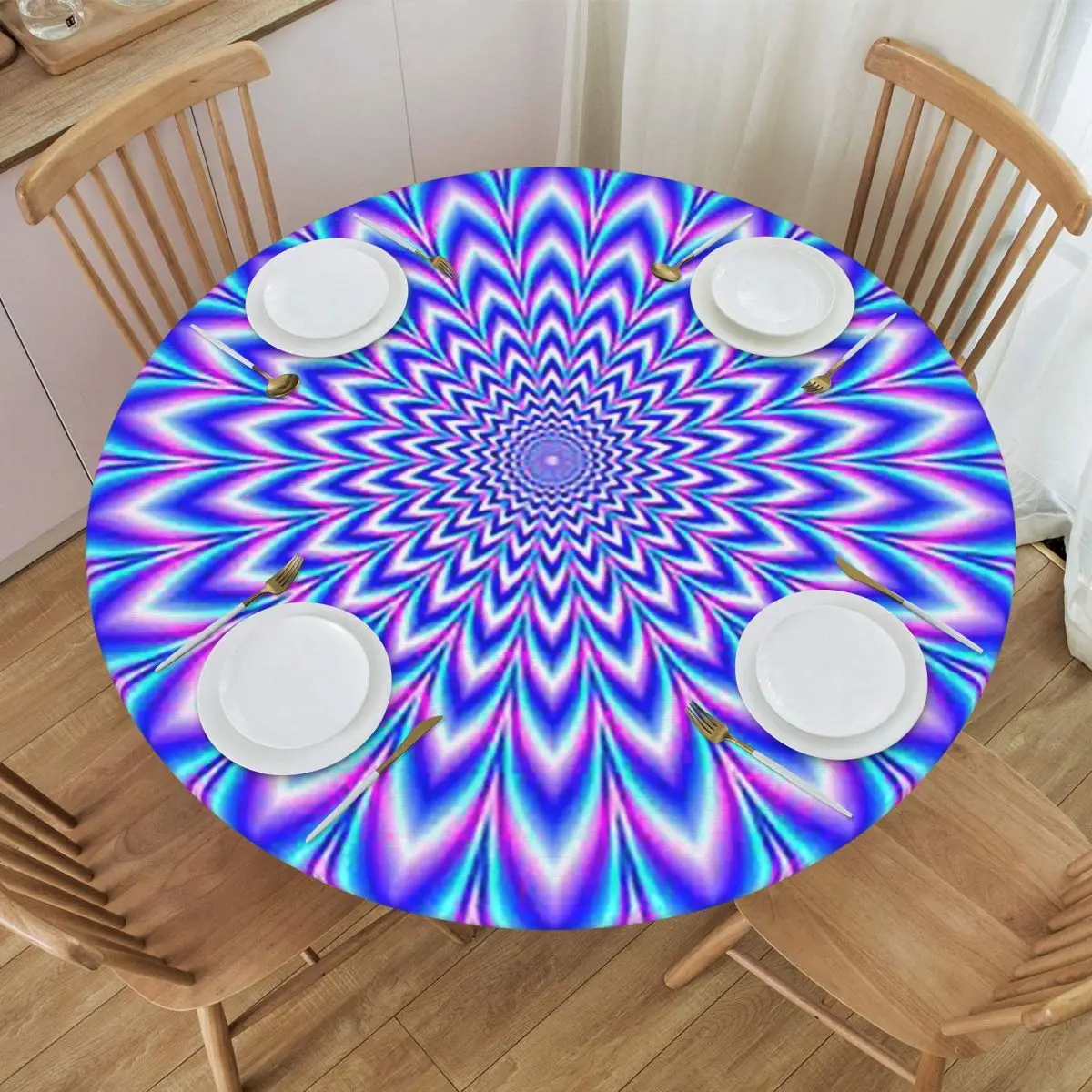 Psychedelic Pulse In Blue And Pink Waterproof Round Tablecloth Oilproof Table Cloth for Kitchen Events Dining Table Cover