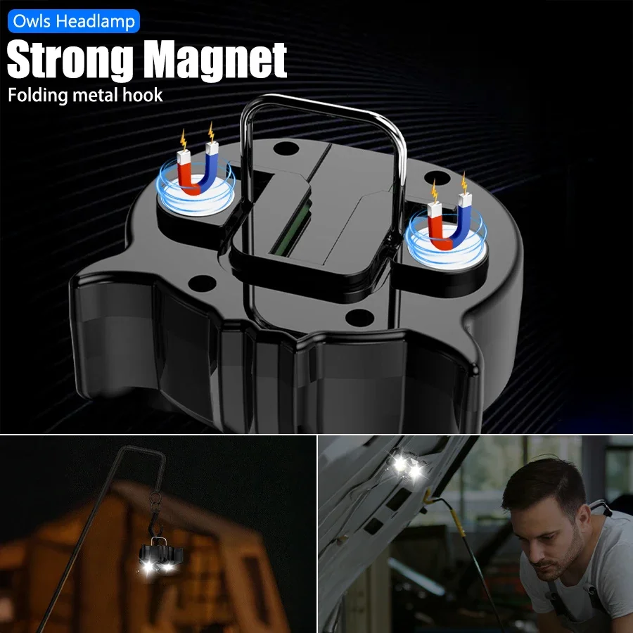 Mini Owl COB Floodlight Headlamp USB Rechargeable Headlight Portable Magnetic Work Light Outdoor Hook Camping Tent Lantern