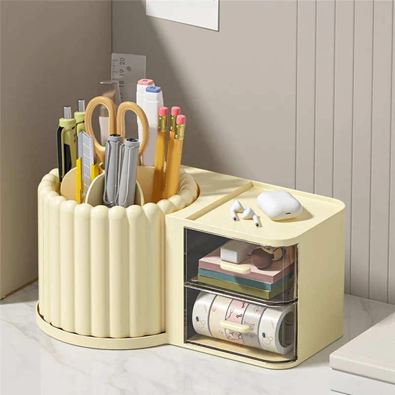 ABBN-Organizador de soporte para brochas de maquillaje con 2 cajones, 360 °   Encimera giratoria del organizador del maquillaje, vitrina de capacidad fácil de usar Pi