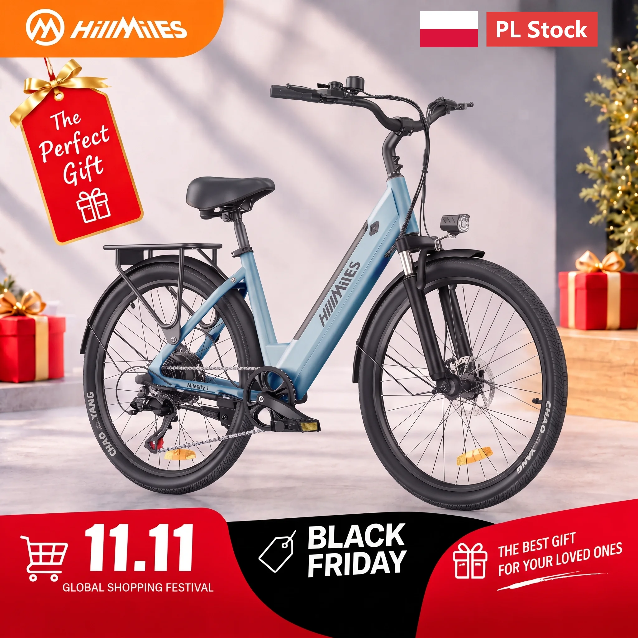 Bicicleta eléctrica urbana MileCity 1 de 26" de la marca HillMiles, con motor de 250 W, batería de 36 V y 13 Ah, gran autonomía de 100 km, velocidad máxima de 25 km/h, 7 velocidades y frenos de disco, ideal para paseos urbanos y excursiones de fin de semana.