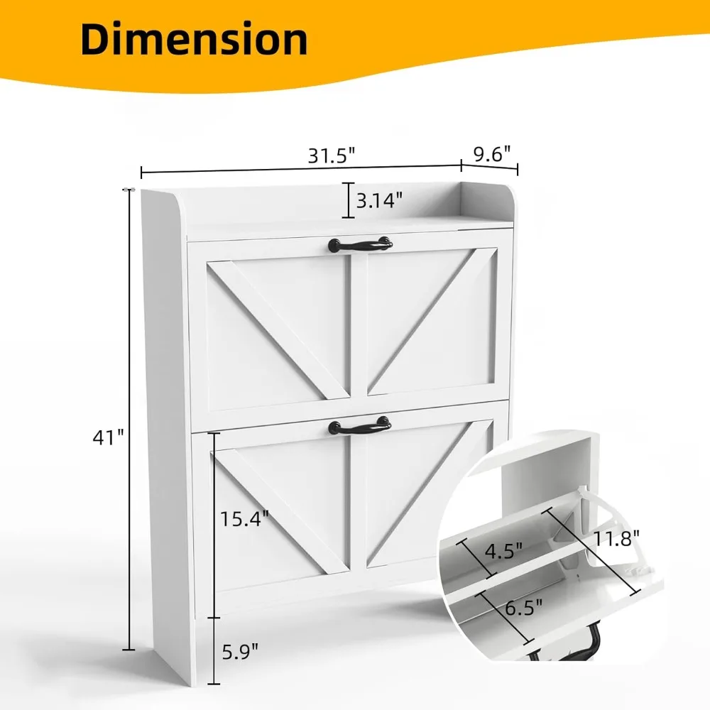 Farmhouse Shoe Cabinet Storage for Entryway, Freestanding Organizer with 2 Flip Drawers, Narrow Shoe Rack Cabinet with Leg