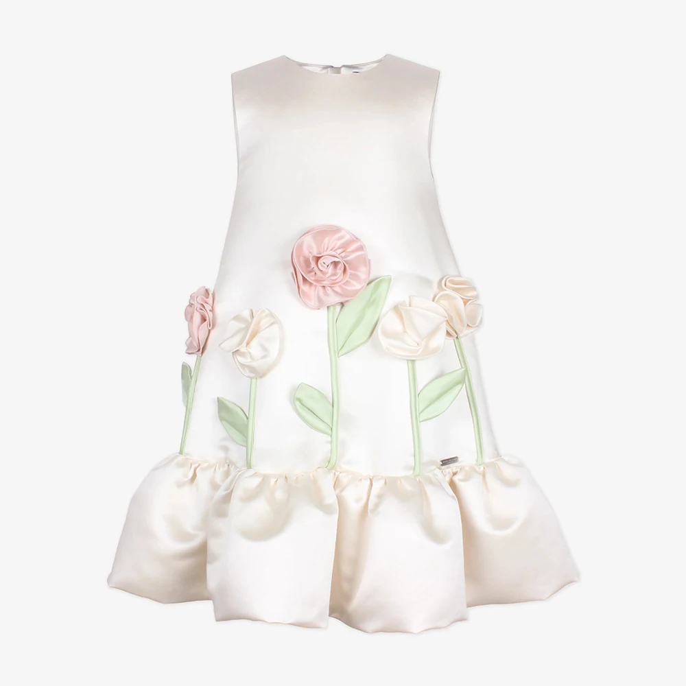 

Customized Flower Girl Dress Knee Length 3D Flowers O Neck A Line Modern Kid's Party Gowns Short Sleeveless Ruched Children Gown