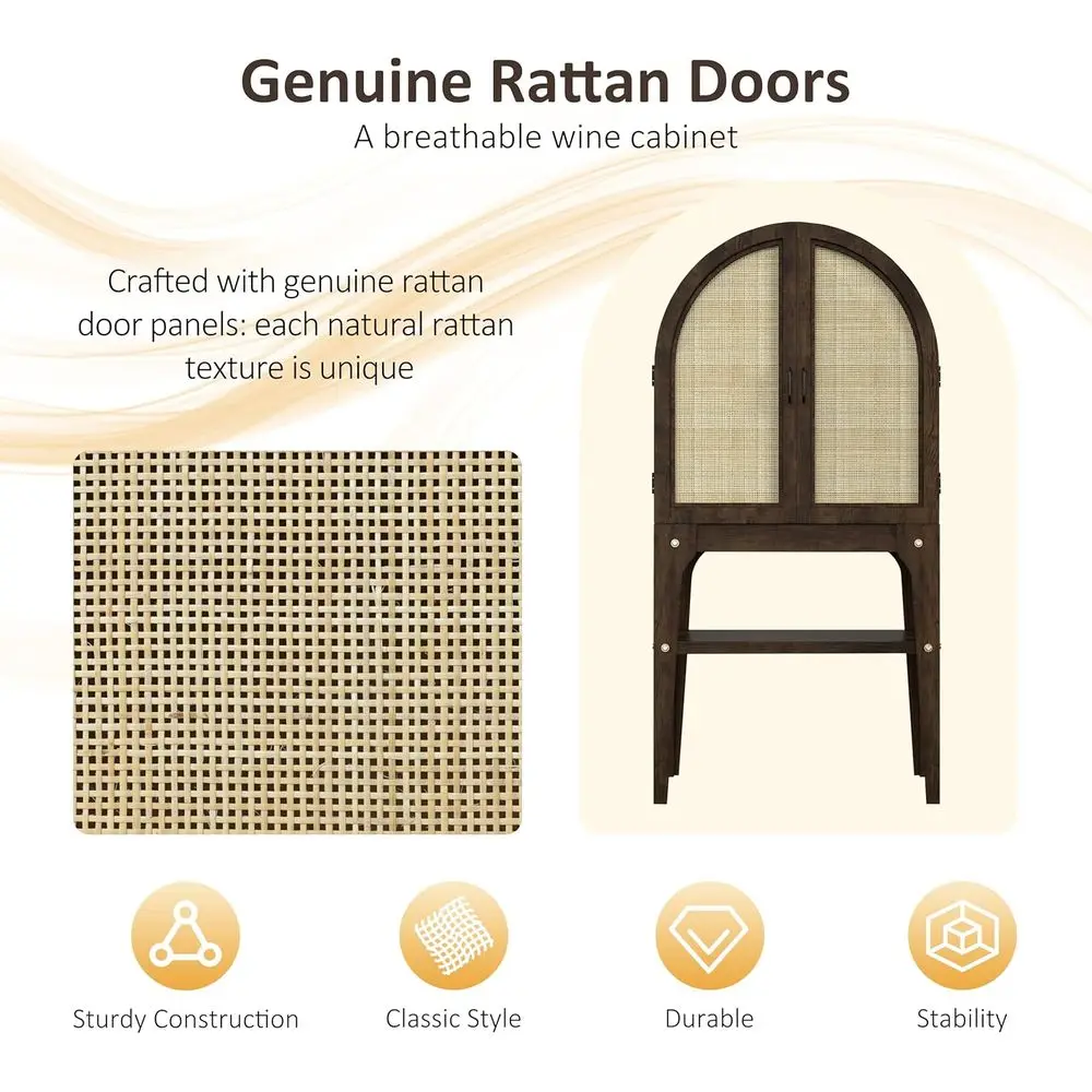 Walnut Arched Wine Cabinet with Rattan Door, Bar Rack & Glass Holder, Kitchen Pantry Storage