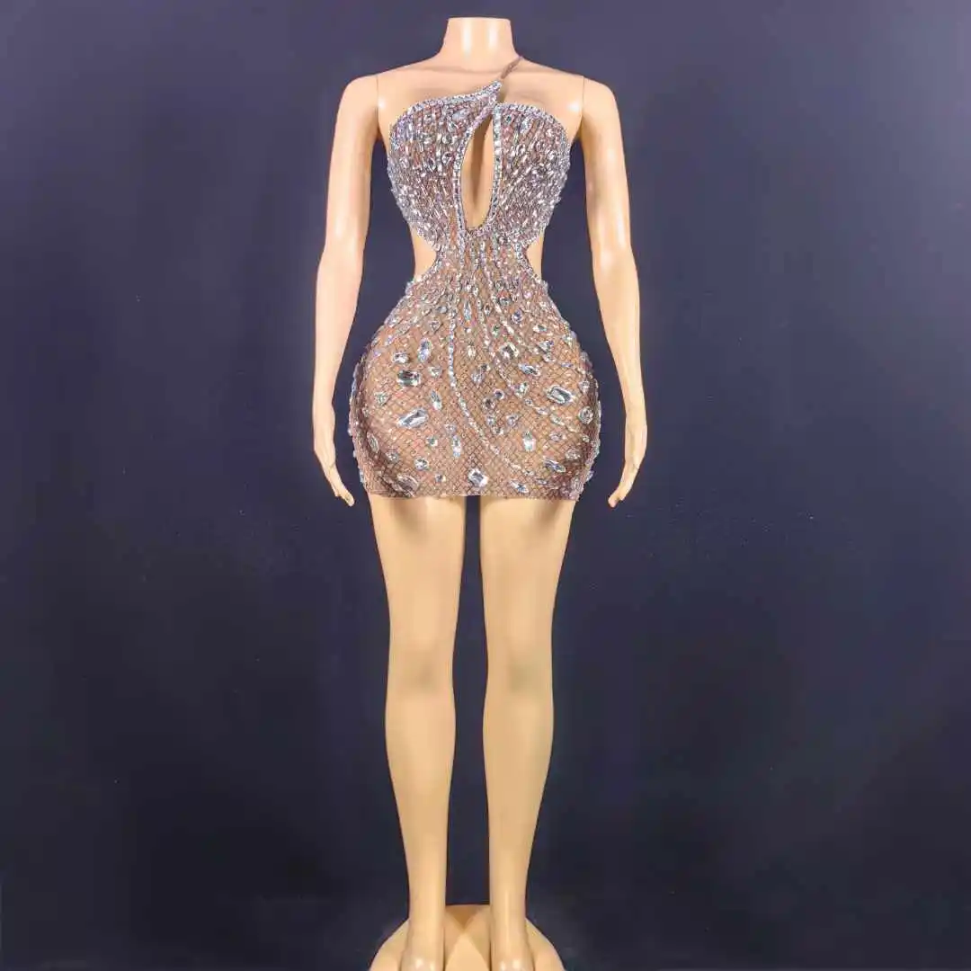 Sparkly Rhinestones Women Birthday Party Cheerleader Dress Performance Drag Queen Costume Stage Wear Nightclub Occasions