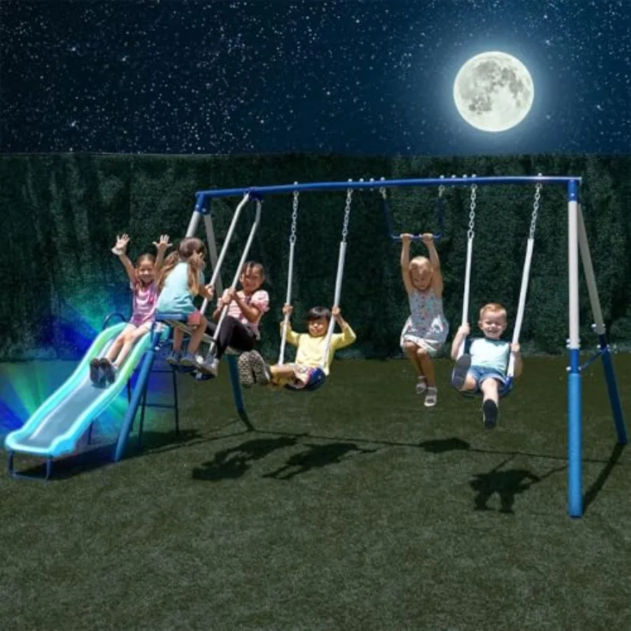 

Arcadia Star Burst Swing Set: Outdoor HeavyDuty Metal Playset for Aged 38 with LED Light Up Slide Swings Trapeze for Backyard F