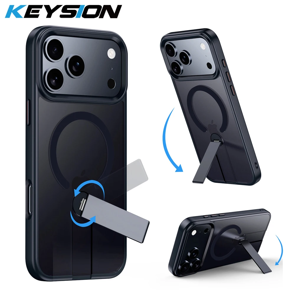 

KEYSION 360 Hidden Metal Stand Magnetic Case for Magsafe for iPhone 17 Pro Max Air Transparent Matte Shockproof Phone Back Cover