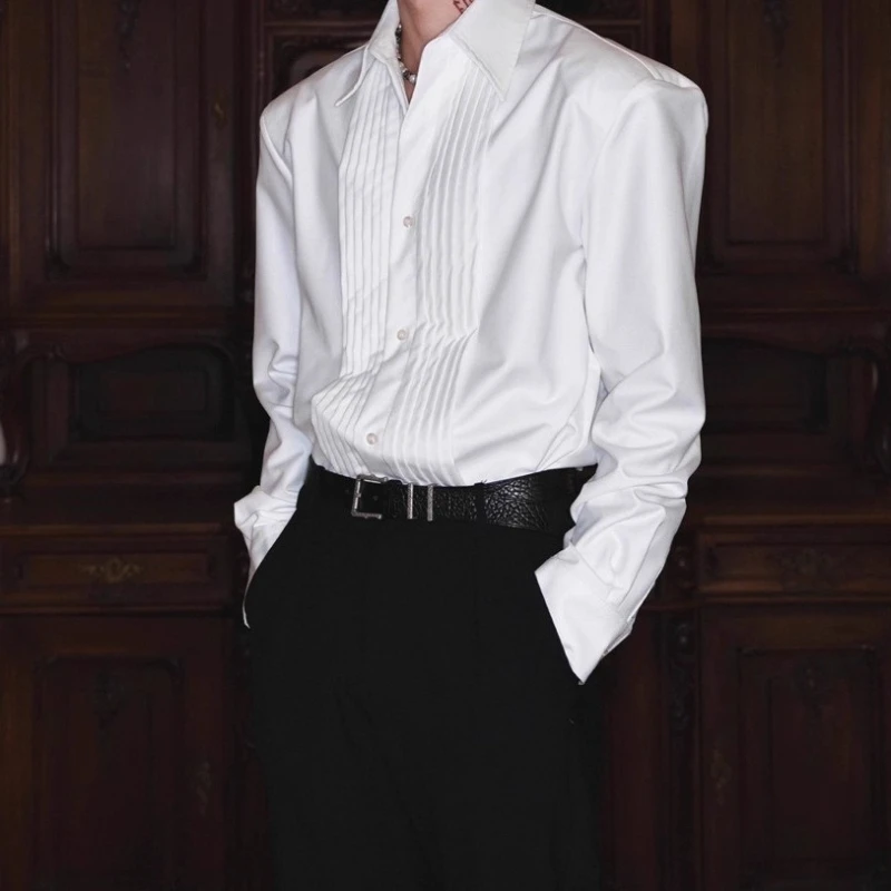 Men's Retro Palace Style Pleated Shirt Long-sleeved Niche Design Simple Internet Celebrity Temperament Shirt Fashion