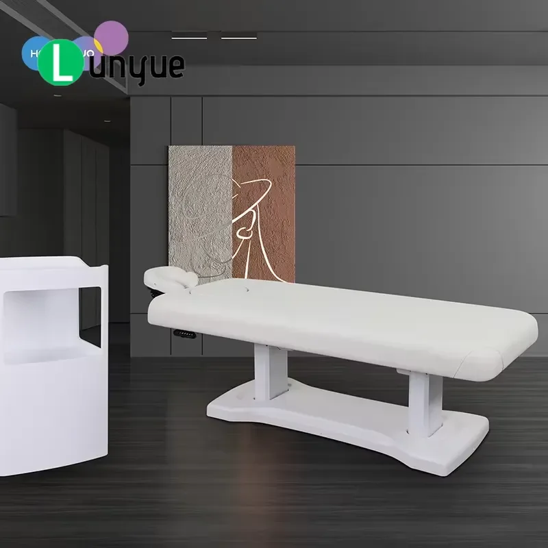 Modern White Electric Massage Bed Adjustable Treatment Table with Removable Headrest and Pillows for Spa Beauty Therapy