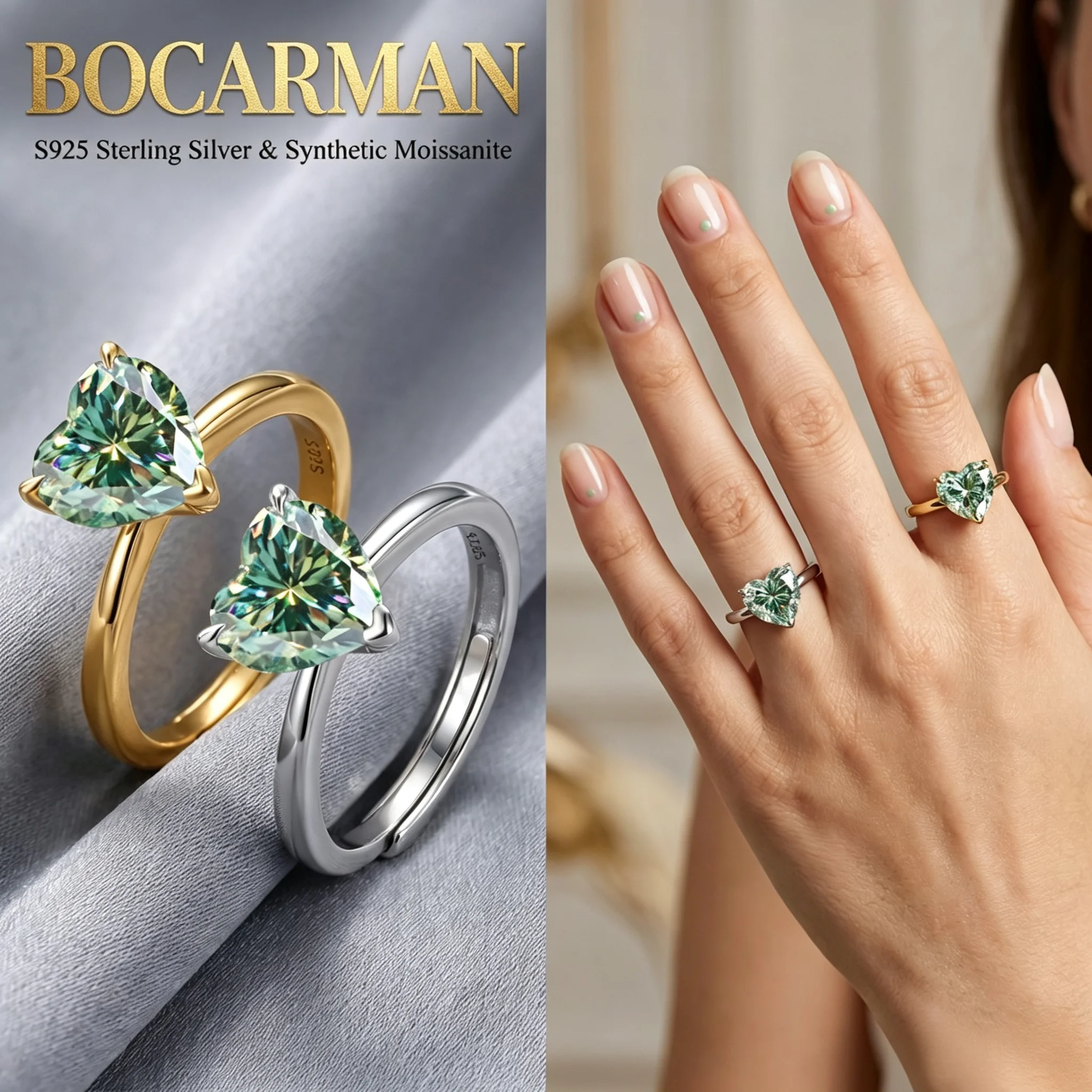 BOCARMAN Heart Moissanite Ring S925 Silver Colorful Gemstone Love Band Brilliant Jewelry for Her