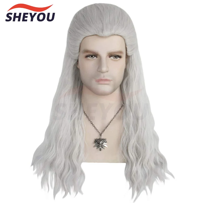 Geralt of Rivia Cosplay Perruques avec Collier pour Homme, Cheveux Longs et Lisses, Gris Argent, Synthétique, Anime Py Play, ixd'Halloween