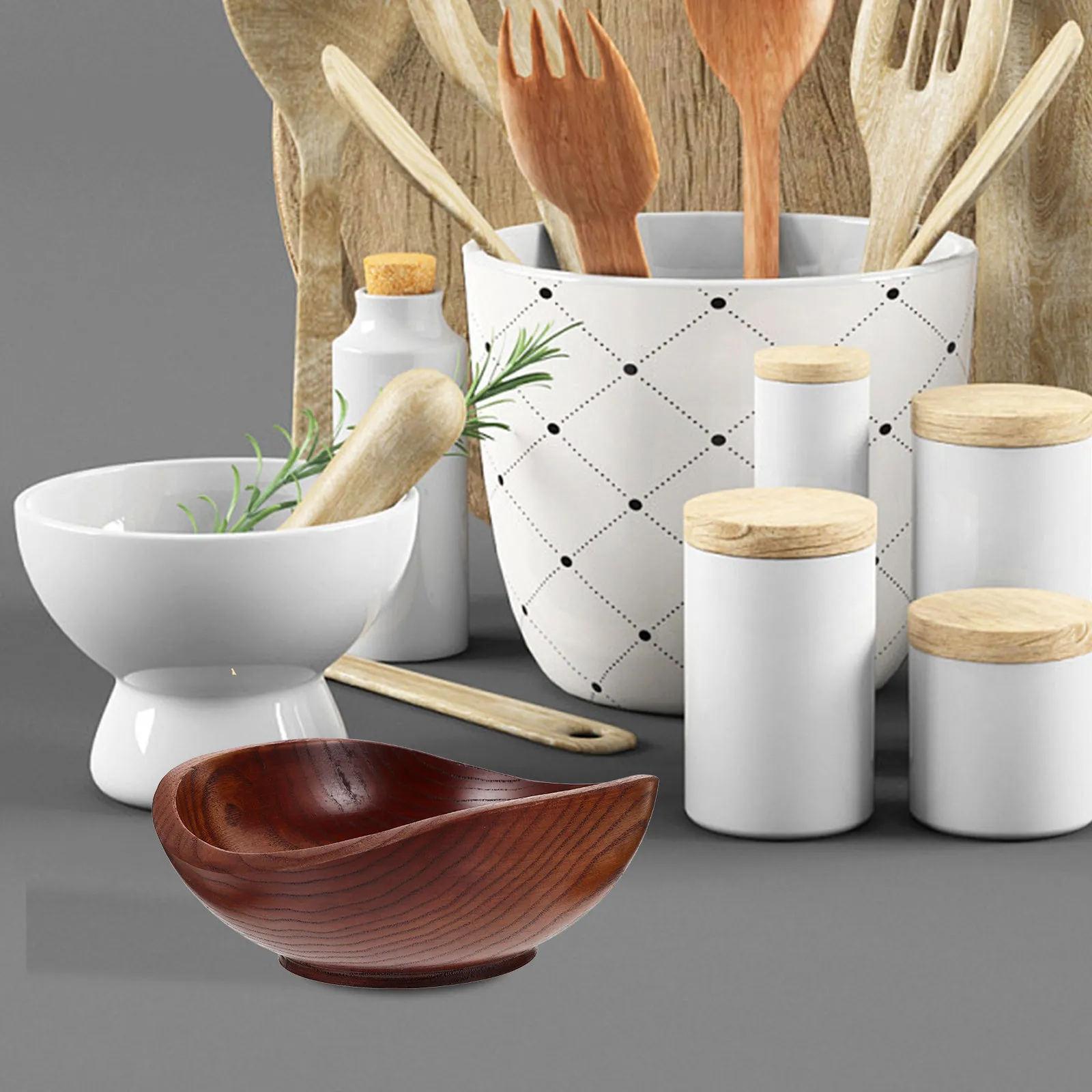 Wood Salad Bowl Natural Wood Fruit Bowl Smooth Edges Anti-Scald Design Serving Rice Salad Snack Dish Home Kitchen Use