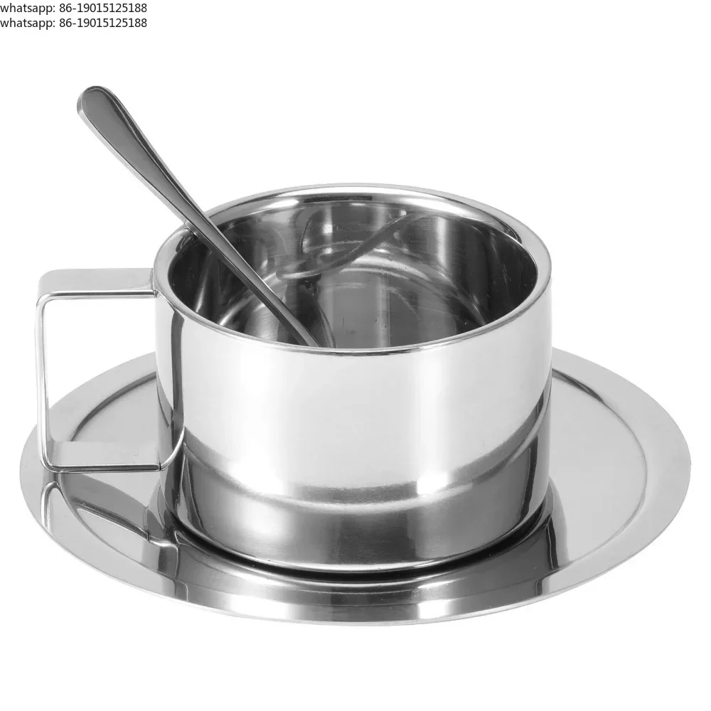 200M304L Stainless Steel Coffee Cup Double Layer Milk Cup and Saucer Set with Cup and Saucer Handle, Easy To Clean and Reusable