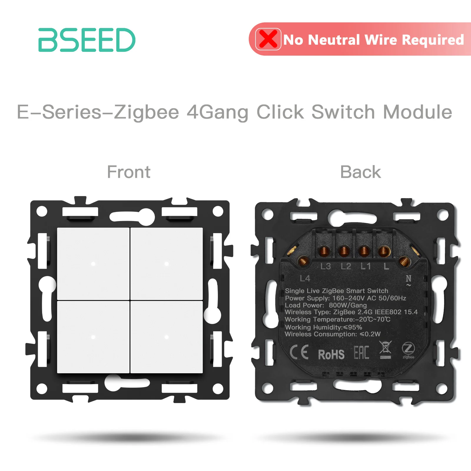 BSEED Zigbee-Schaltmodul ohne Neutralleiter, Smart-Steckdosen, DIY-Kombination, 86mm Glasrahmen, ST TV Cat6 Schlüssel