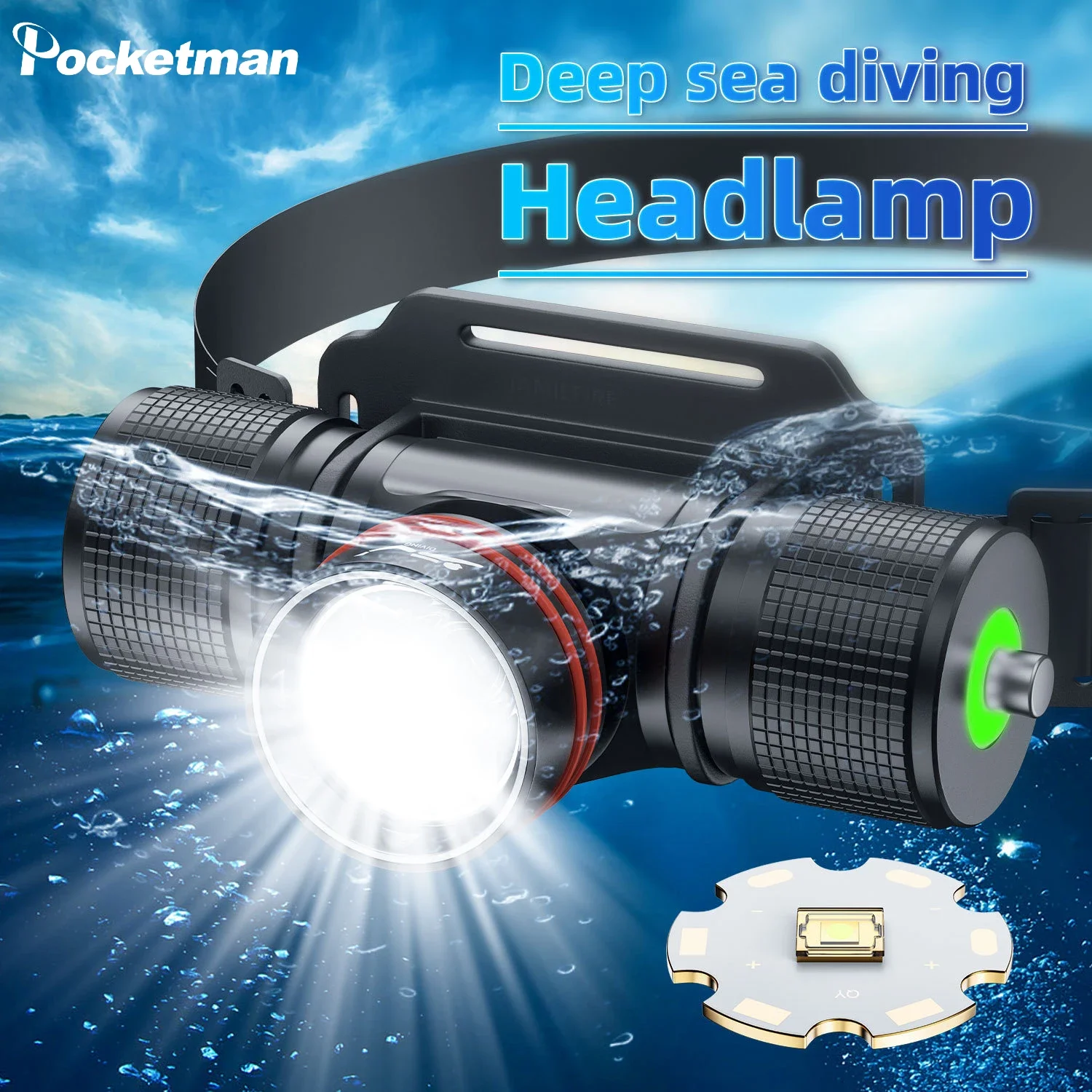 

LED Dive Headlight High Lumen IPX8 Waterproof White Light High Power Head Flashlight 100M Underwater Scuba Amphibious Head Light