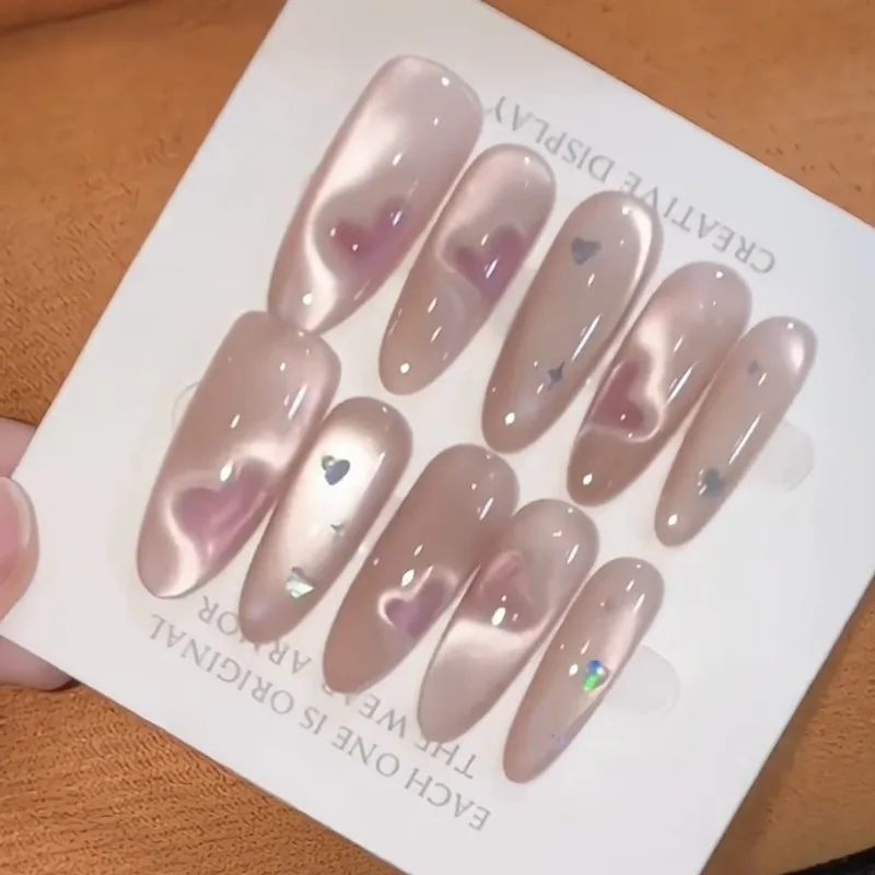 Handmade Self-adhesive Press Nails Love Heart Cat Eyes Nail Tips Sweet Cute False Nails Long Press on Nails with Box and Tools