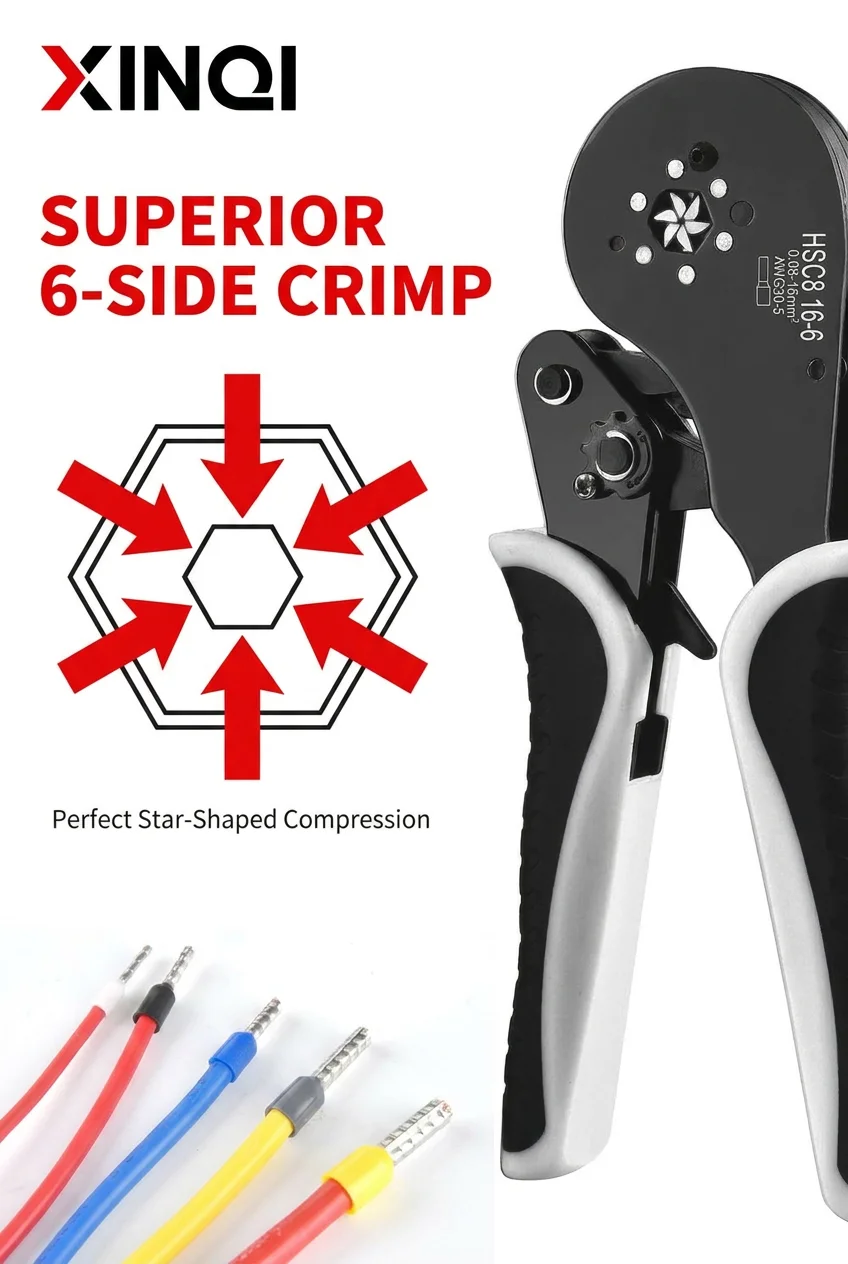XINQI Tubular Terminal Crimping Pliers HSC8 16-6 16mm² Crimper Tools Wire Connector Ferrule Household Electrical Clamp Tool