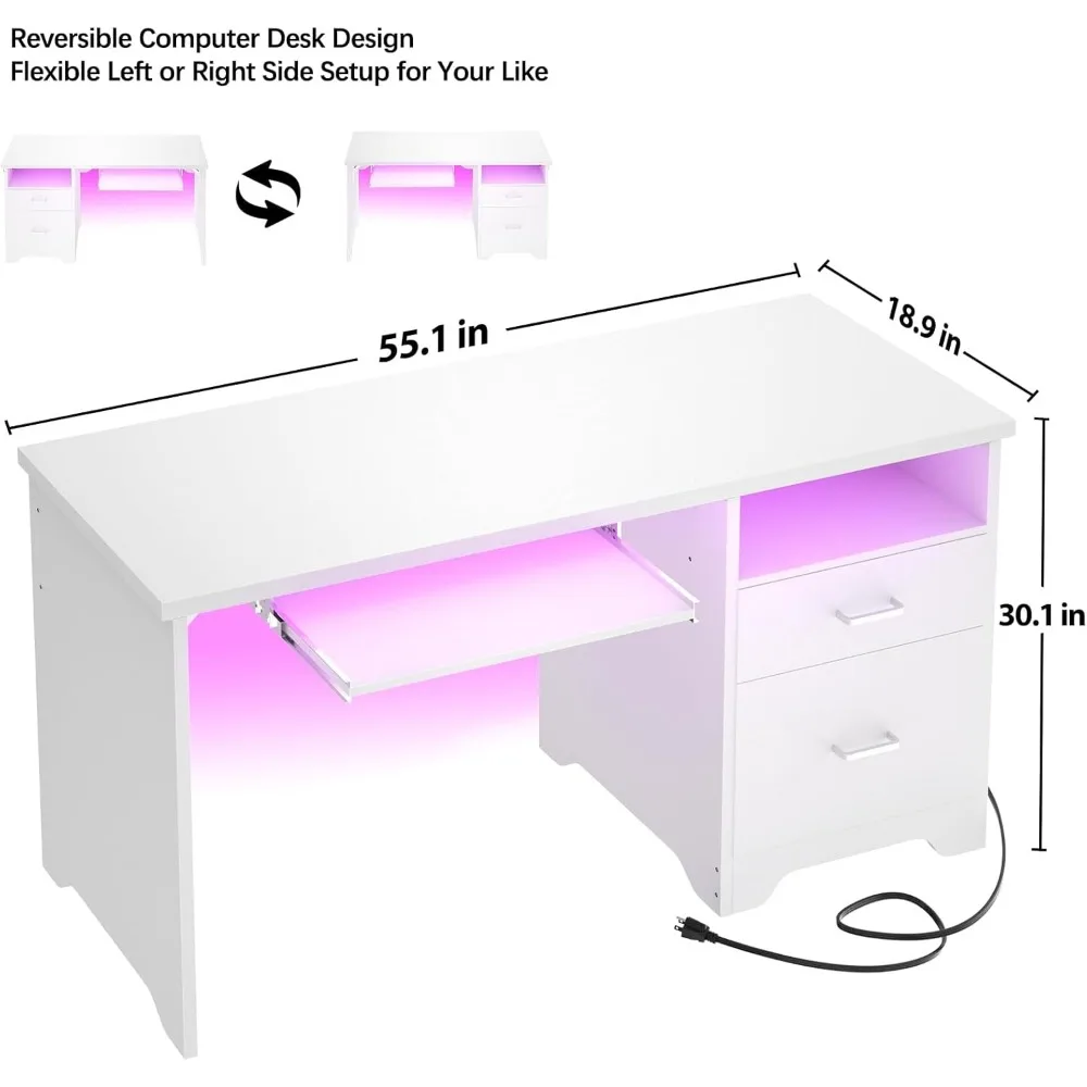 โต๊ะทำงานที่แข็งแรงพร้อมไฟ LED RGB และเต้าเสียบสายไฟโต๊ะเขียนหนังสือ sturdys พร้อมถาดรองคีย์บอร์ดโต๊ะอ่านหนังสือ