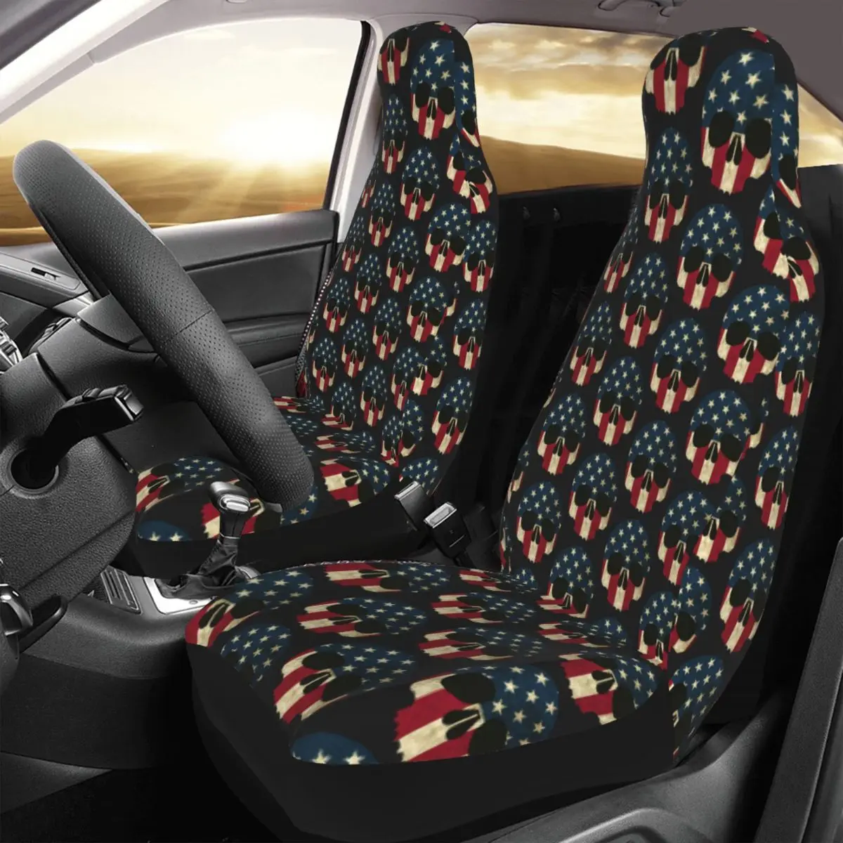 

American Skull Car Seat Cover Custom Printing Universal Front Protector Accessories Cushion Set