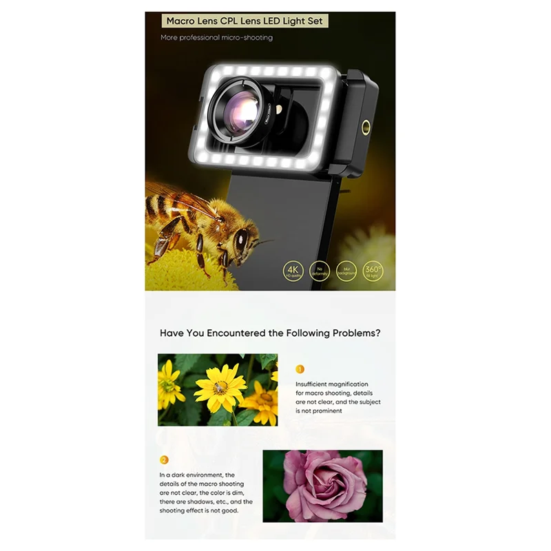 A32T-عدسة ماكرو جديدة 4K HD 100 مم مع ضوء ملء LED عدسات صغيرة بمشبك عالمي لهواتف iPhone جميع الهواتف الذكية
