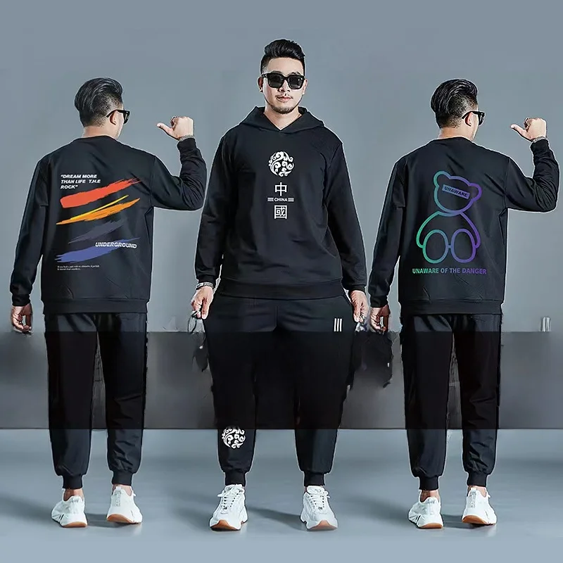 

Комплект больших размеров: осенне-зимний худи и брюки, свободный крой, визуально стройнящий, из двух предметов, повседневная спортивная одежда для подростков