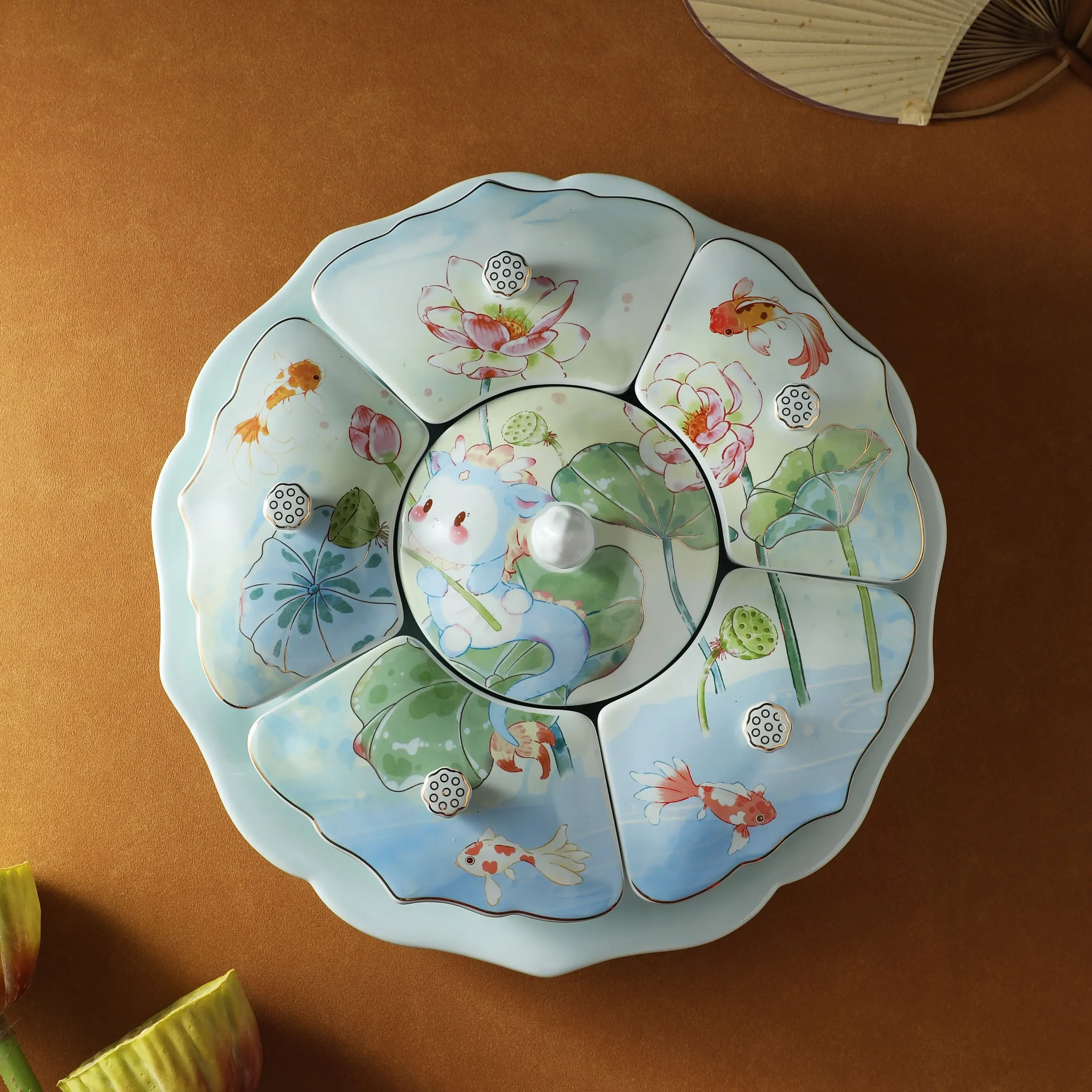 

Five-flavored Fish Fruit Plates Living Room Coffee Table Dried Fruit Tray MultiGrid Rotating Candy Box Ceramic Snack Plate