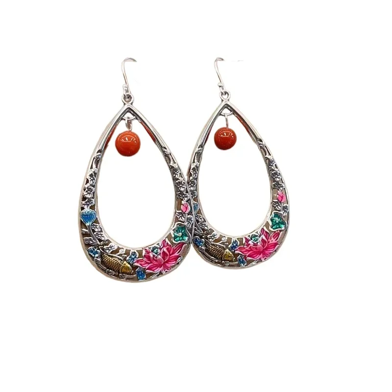 

925 Sterling Silver Lotus Fish Water Drop Earrings Retro Ethnic Style Enamel Agate Big Hanging Earrings for Women Girls EH179