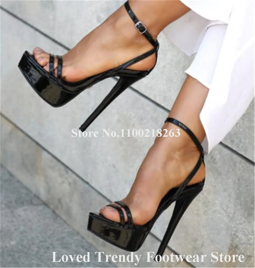 Sexy Black Gold Silver Patent Leather Stiletto Heel Sandals Open Toe Straps Cross High Platform Thin Heel Dress Shoes Big Size