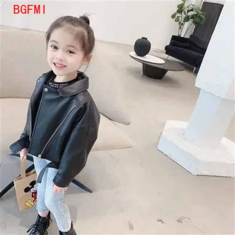 

Girls Black Lapel Leather Baby Jacket 2023 Fall Kids Children's Purple PU Zipper Coat Boys Motorcycle Clothes Korean Fall Winter