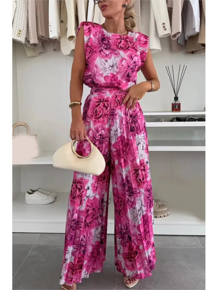 

Elegant Sleeveless O-neck Top + Pleated Wide-leg Pants 2-piece Set For Women Summer Fashion Solid Color Loose Casual Suit Female