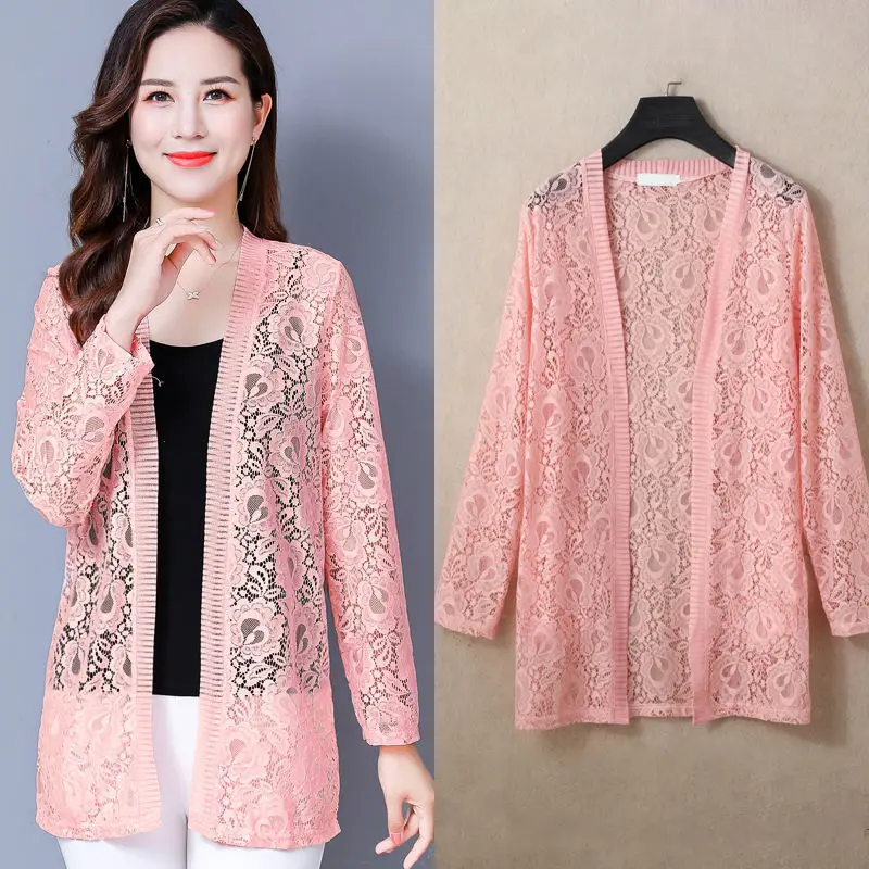 2022 Spring And Summer New Fashion Women\'s Mid-length Lace Cardigan Thin Coat Casual Outer Wear Solid Color Sunscreen Cardigan