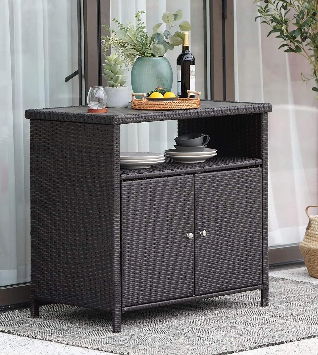 Wicker Storage Cabinet Outdoor Waterproof Prep and Bar Table with Two Doors and Shelves 36