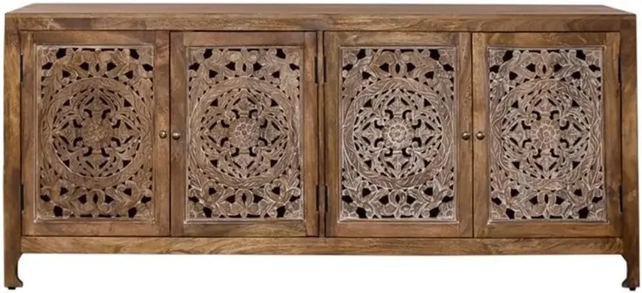 

Тумба под телевизор из массива мангового дерева с эффектом состаривания, отделка цветом меда, резные дверцы ручной работы, фиксированные полки, ножки-блоки, в стиле бохо, для гостиной, Stora