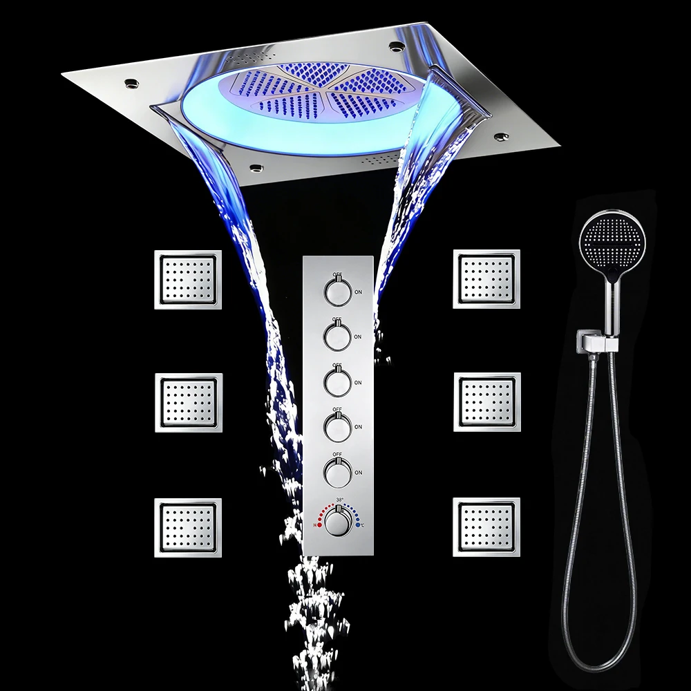 

Qlonn Chrome Shower Set Smart Thermostatic Mixer LED lighting Music 550mm Shower Head Bathroom Faucets Massage Body Jet Brass