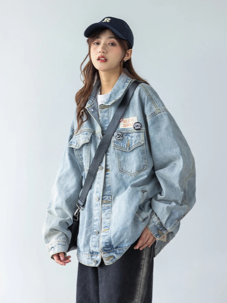 Denim Jackets Women Autumn Korean Style Slouchy Youthful Popular Long Sleeve Baggy Casual Advanced Streetwear Couple Overcoats