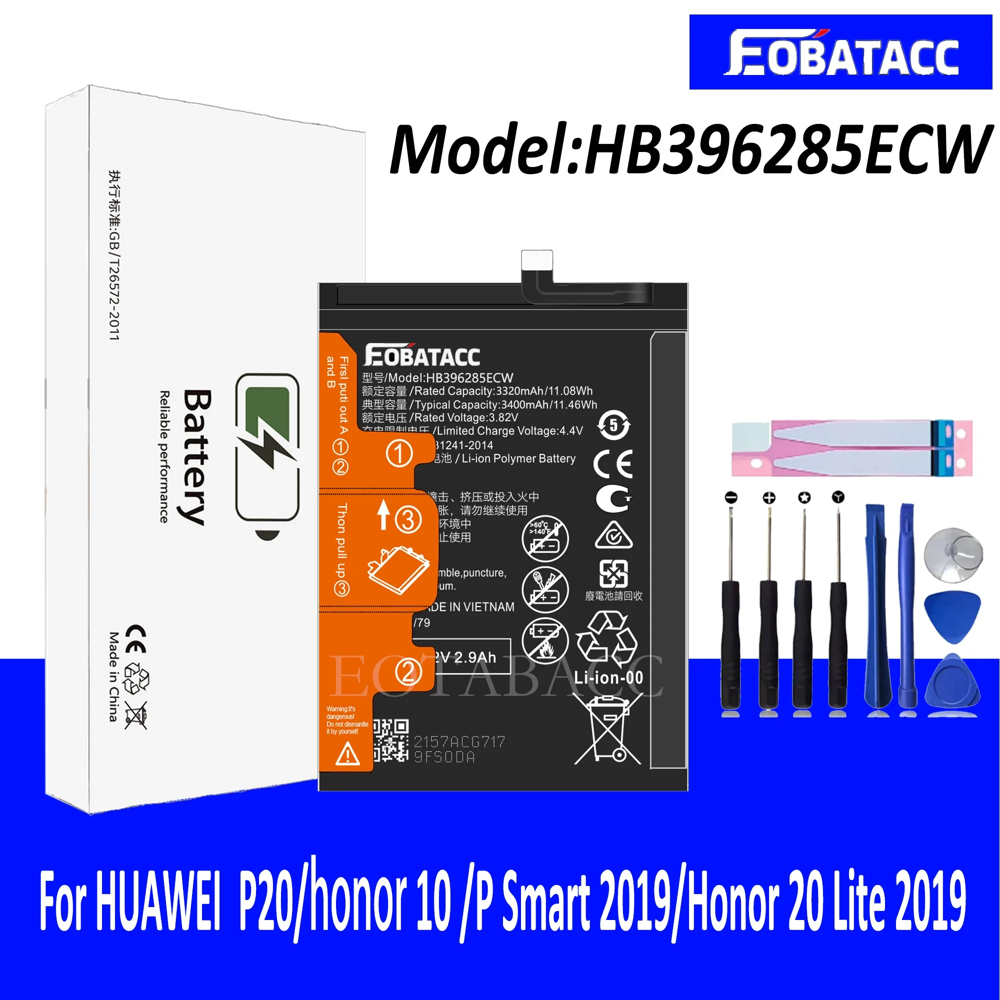 

EOTABACC 100% New Original Battery HB396285ECW For HUAWEI P20/Honor 10 /9S/P Smart 2019/Honor 20 Lite 2019 Battery +Tools