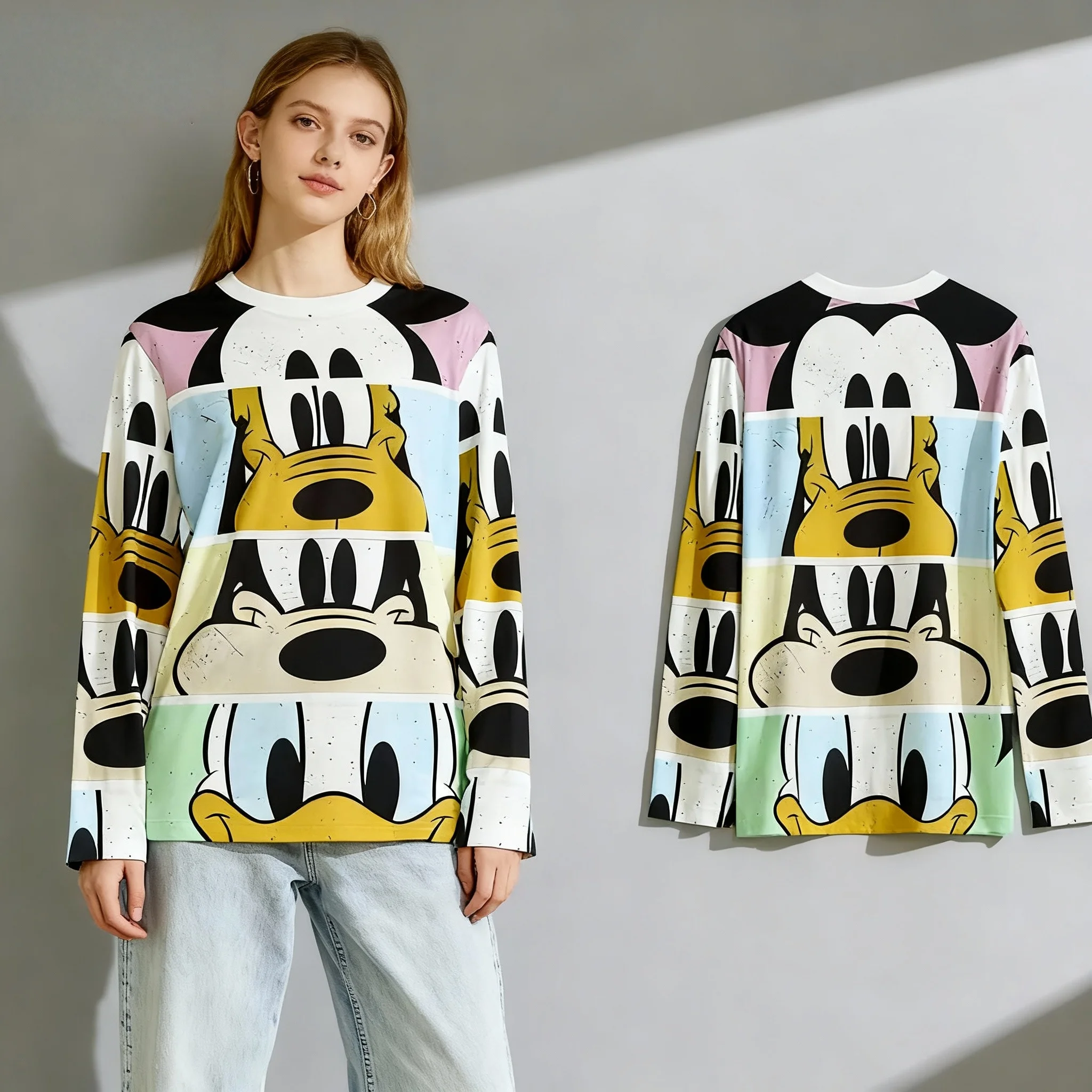 Autumn/Winter Disney Animation Series Mickey Stitch Long Sleeve T-shirt Street Oversized Women Adult Children Same Style