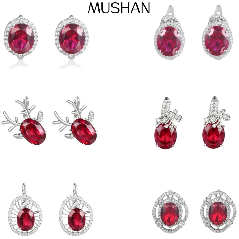 MUSHAN Custom Jewelry 925 Sterling Silver Stud Earrings for Women Red Ruby Gemstones Earring Christmas Gifts s925 Jewelry