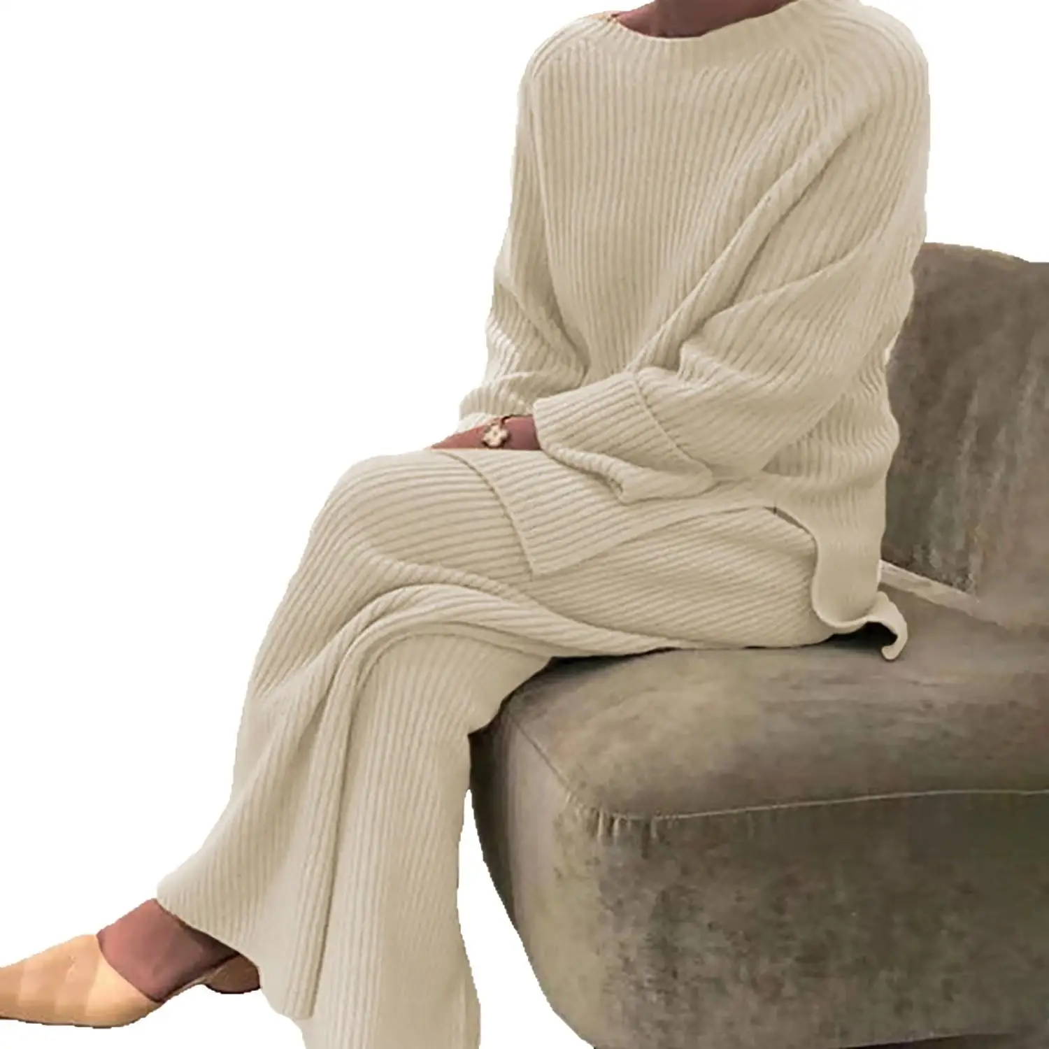 여성용 롱 투피스 니트 스웨터 세트 출퇴근용 가을 컬렉션 순색 패셔너블하고 편안함