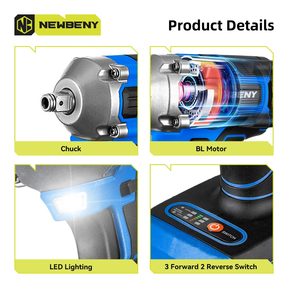 NEWBENY 1200W 1000N.m Electric Impact Wrench 3 Gears 1/2 inch Cordless Wrench Screwdriver Power Tools For Makita 18V Battery