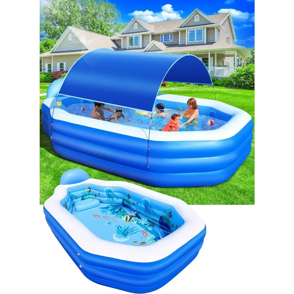 

Inflatable Pool with Canopy, for Kids,Adult, Blow Up Pool with Seats, Durable Thickened 125"x 75"x 25" Inflatable Family Pool