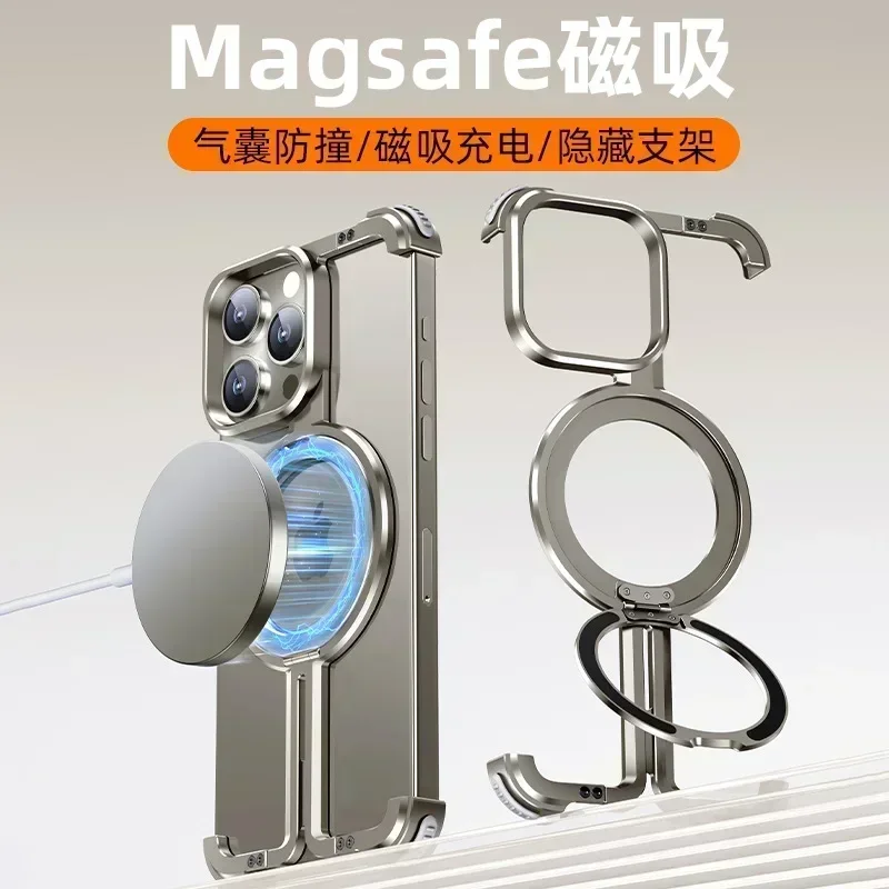 Magsafe Magnetic Metal Rimless Stand Phone Cases For Apple iPhone 15 14 13 Pro Max Case Aluminum Alloy Shockproof 15Promax Cover